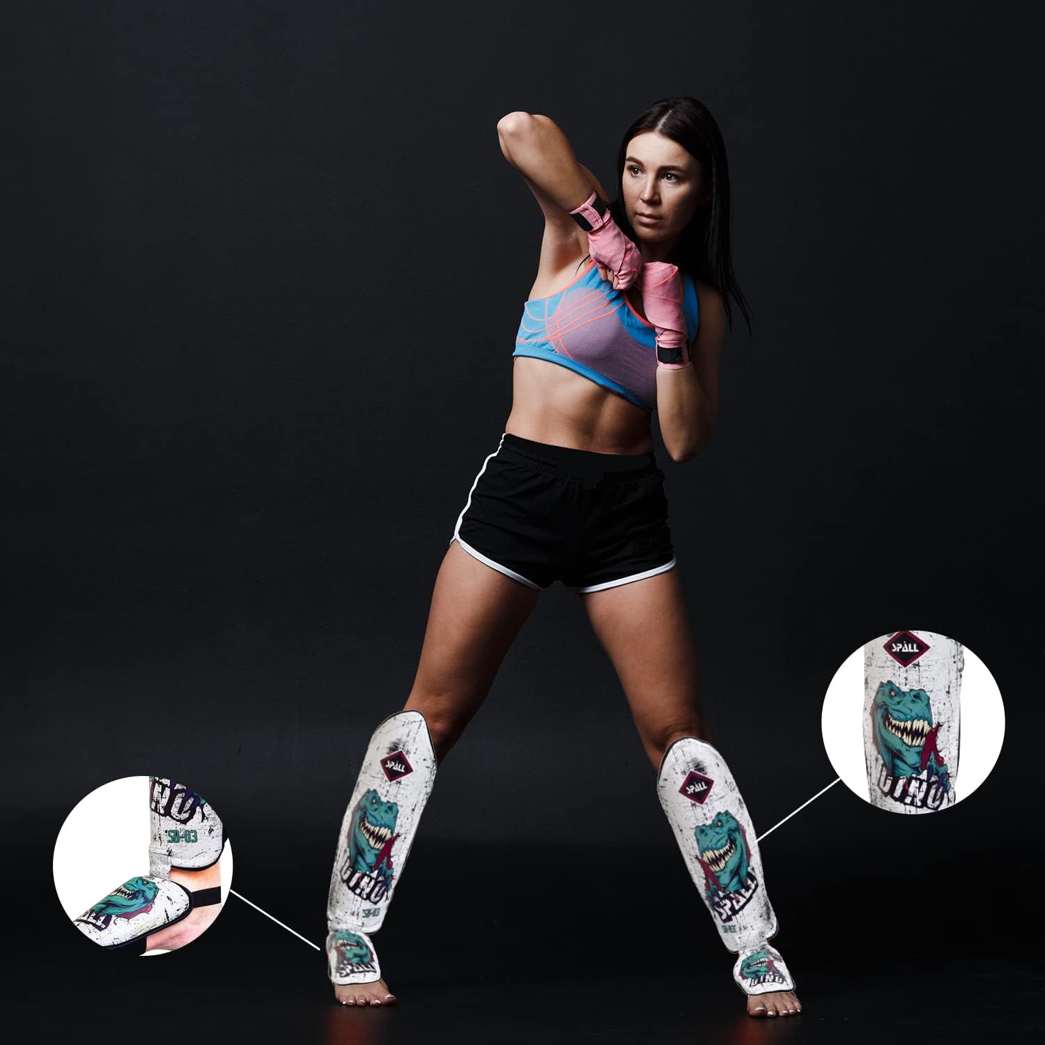 Spall Pro US Muay Thai Guards Shin Guards for Kickboxing Martial Arts BJJ Boxing Sparring with MMA Foot Protector Dino White