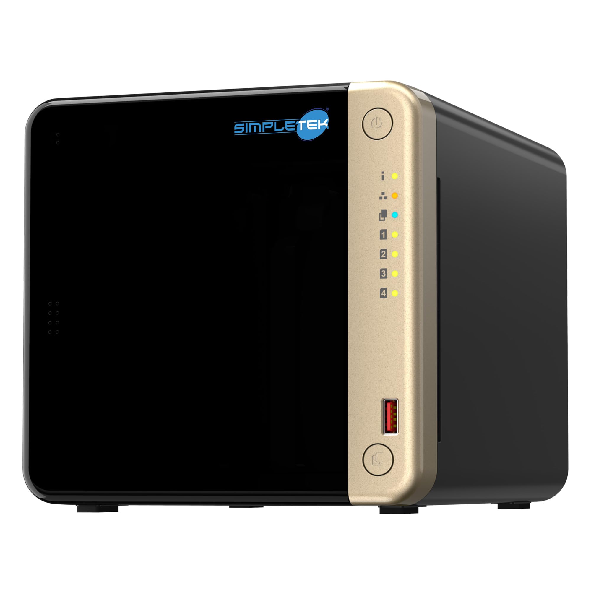 SIMPLETEK - NAS Professionale a 4 Vani - 4x SSD 480GB - Quad-Core 2.0GHz - 8GB RAM (Max 16GB) - 2 Slot M.2 NVMe - Slot PCIe - 2.5GbE - HDMI