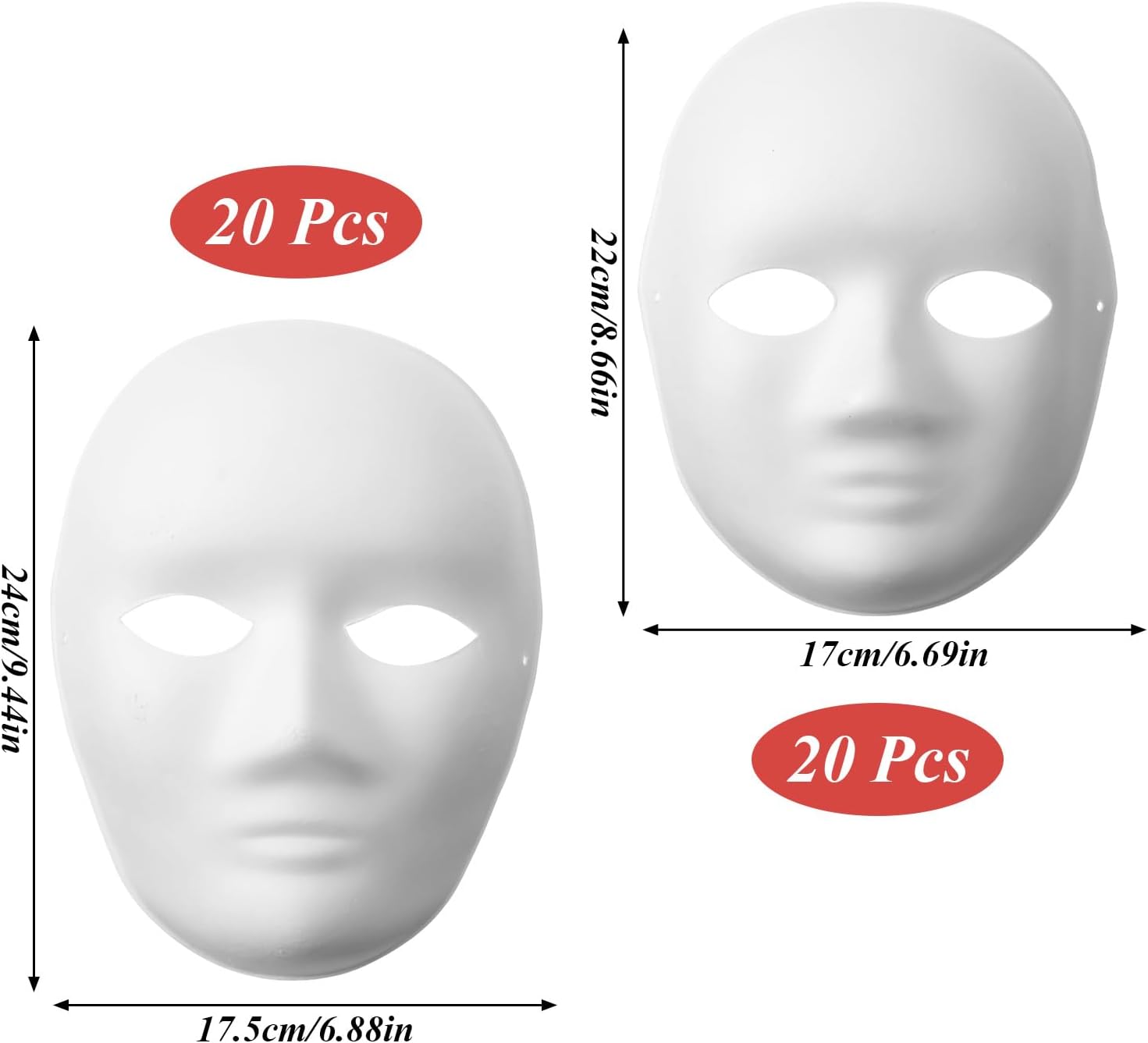 40Pcs DIY Full Face Masks 2 Sizes Paper Mache Masks Paintable Men Women | White Men, Women Blank Mask,for Cosplay Halloween Christmas Mardi Gras Masquerade Dance Party, Costume Mask, Artistic DIY