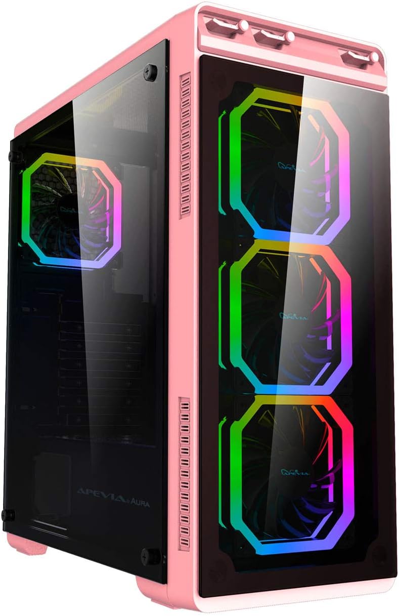 Flash Deals - 80% OFF Apevia Aura-P-PK Mid Tower Gaming Case with 2 x Full-Size Tempered Glass Panel, Top USB3.0/USB2.0/Audio Ports, 4 x RGB Fans, Pink Frame Flash Deals - 80% OFF Apevia Aura-P-PK Mid Tower Gaming Case with 2 x Full-Size Tempered Glass Panel, Top USB3.0/USB2.0/Audio Ports, 4 x RGB Fans, Pink Frame