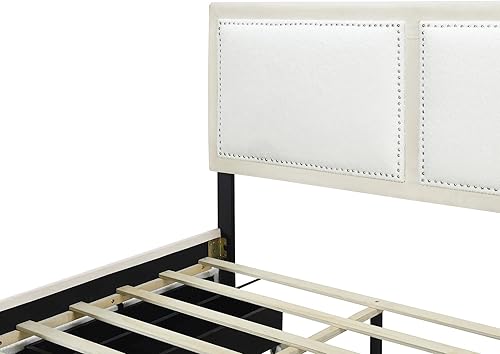 Miniatura 14 de Elegante cama con plataforma tapizada de terciopelo de tamaño Queen con cabecero, para niños, niñas y adolescentes (beige @cabecero/, Queen)