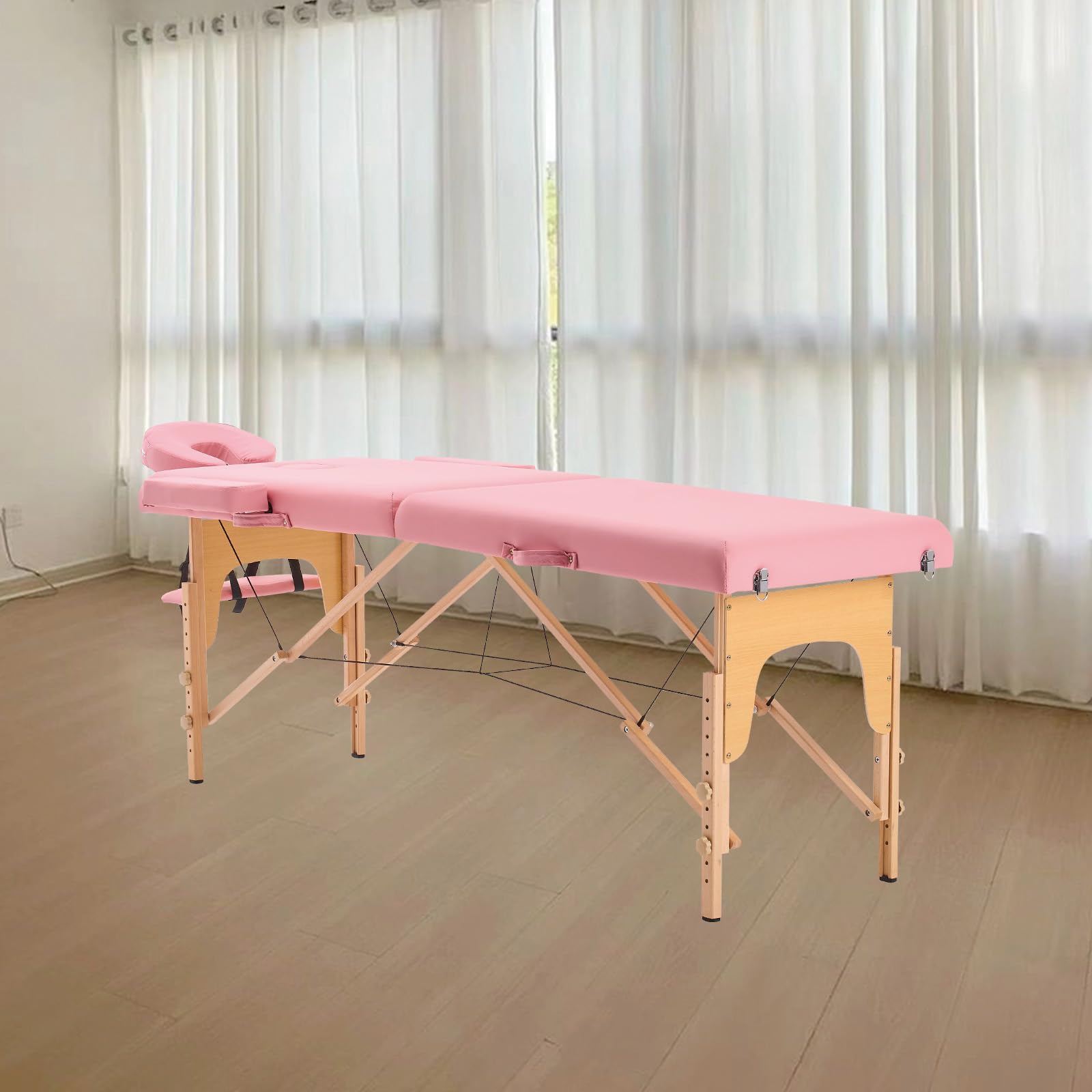 YOUNIKE Table de massage portable légère 2 pliantes réglables pour tatouage, spa, physiothérapie, salon à domicile, cadre en bois rose avec accessoires