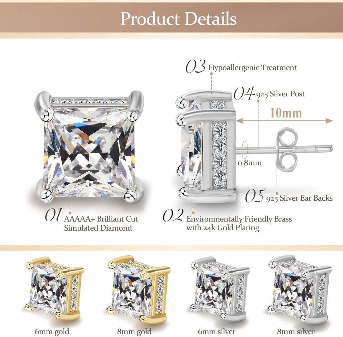 Hypoallergenic Cubic Zirconia Stud Earrings for Women & Men 24K Gold Plated Sterling Silver Post, Big Brilliant CZ Simulated Diamond Halo Studs Sensitive Ear Friendly Fashion Jewelry Gift (SE-30F) - Image 2