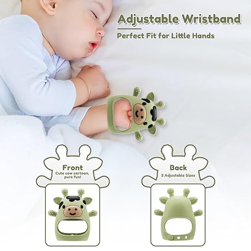 Miniatura 4 de Paquete de 2 juguetes de dentición para bebés de 0 a 6 a 12 meses, guantes de dentición de muñeca ajustables, silicona de grado alimenticio, sin