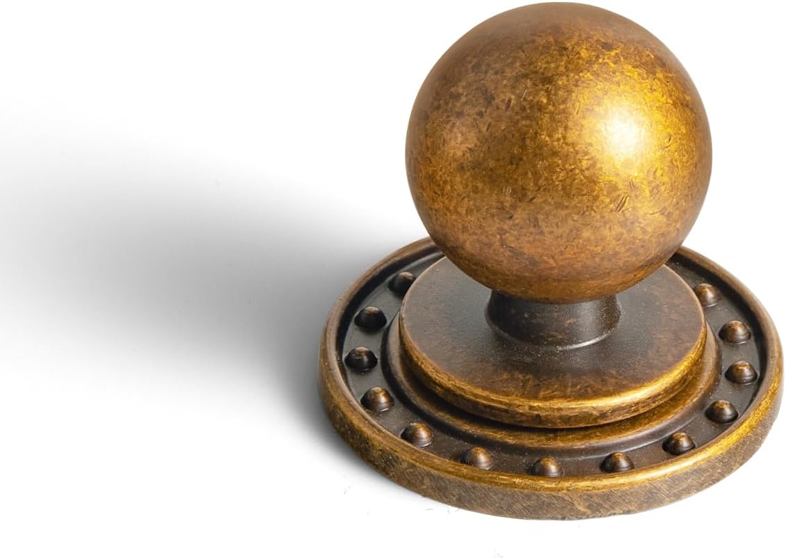 Goo-Ki Antique Brass Cabinet Knobs with Ribbed Backplate, Vintage Globe Drawer Pull Handles for Furniture Restoration, Solid Zinc Alloy Round Ball Hardware (6 Pack)