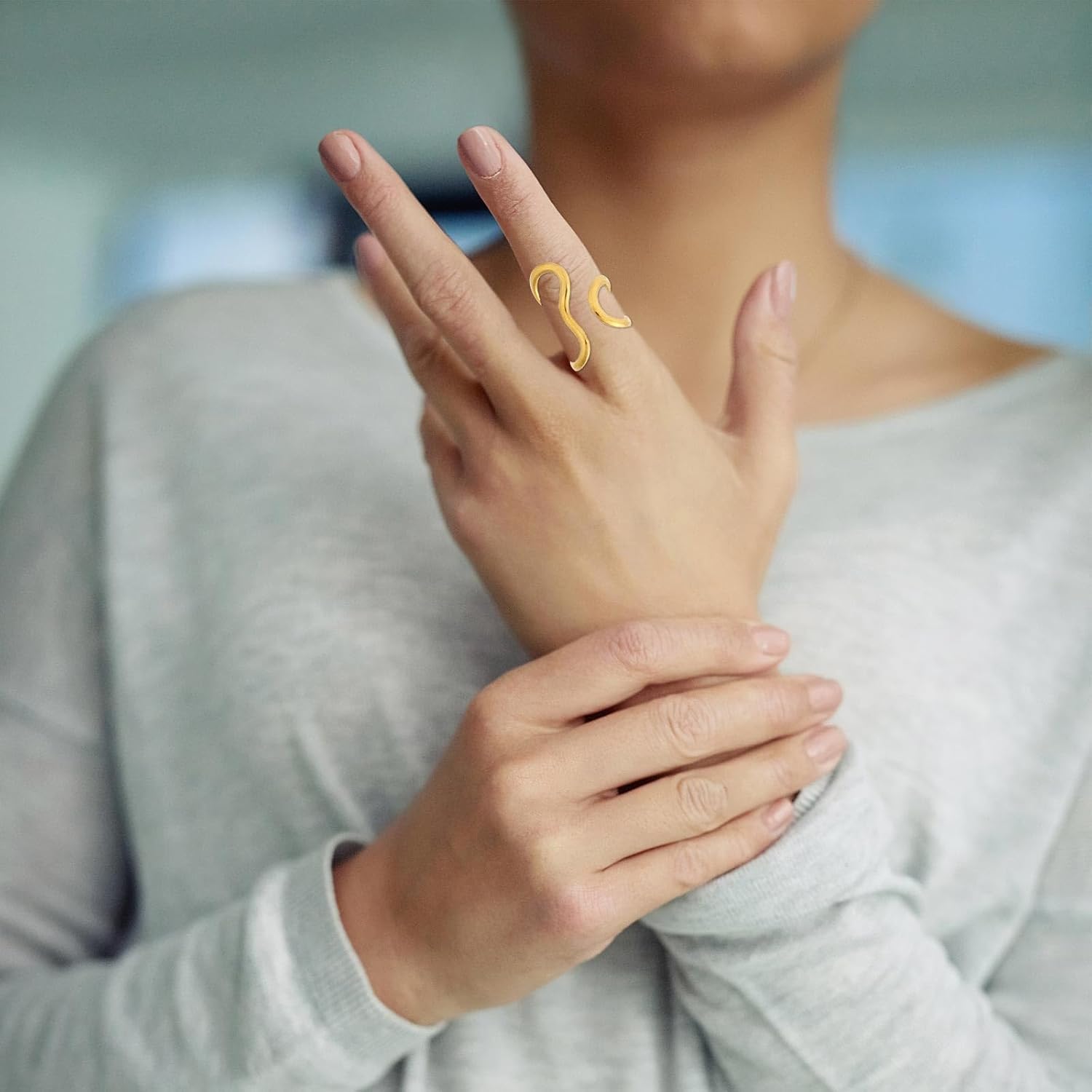 Chunky Ring for Women, Stainless Steel Irregular Wave Thumb Ring Adjustable Non-Tarnish Statement Chunky Jewelry Gift (Gold) - Image 7