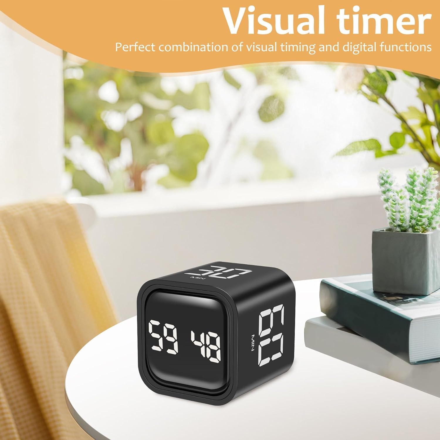 Cube Timer - 5/10/30/60 Minutes and Custom Countdown, Productivity Timer With Pause and Resume, Silent, Vibrate and Adjustable Sound Alarm for Tasks, Work, Study, Kitchen, Time Management (Black)