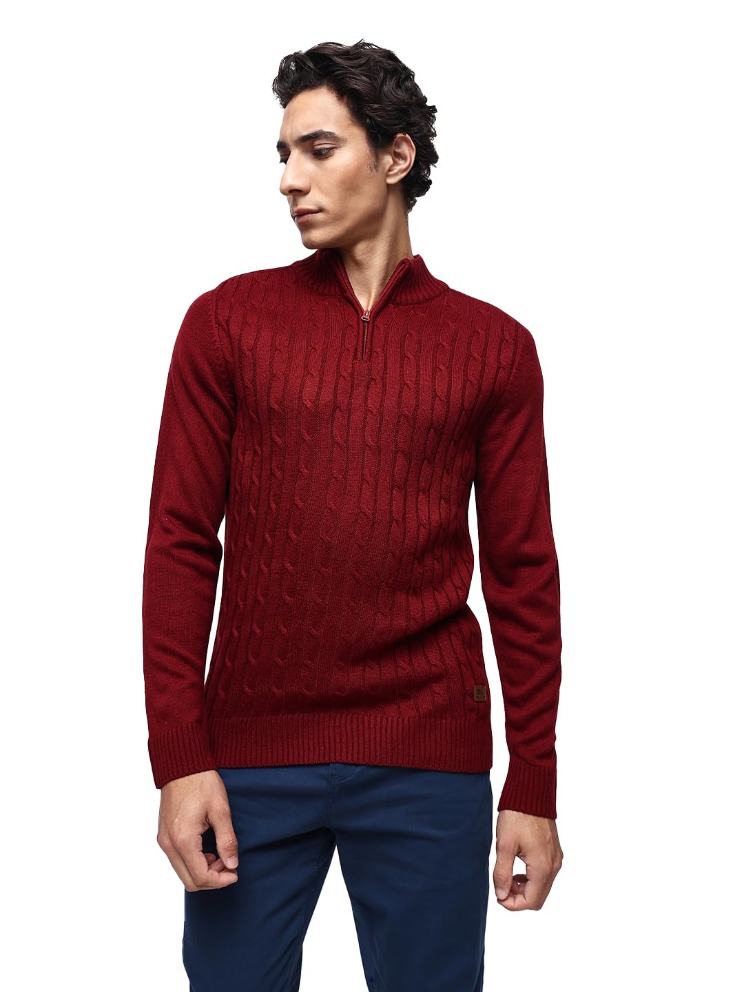 Men's Cable Knit Solid Mock Collar Pullover Sweater
