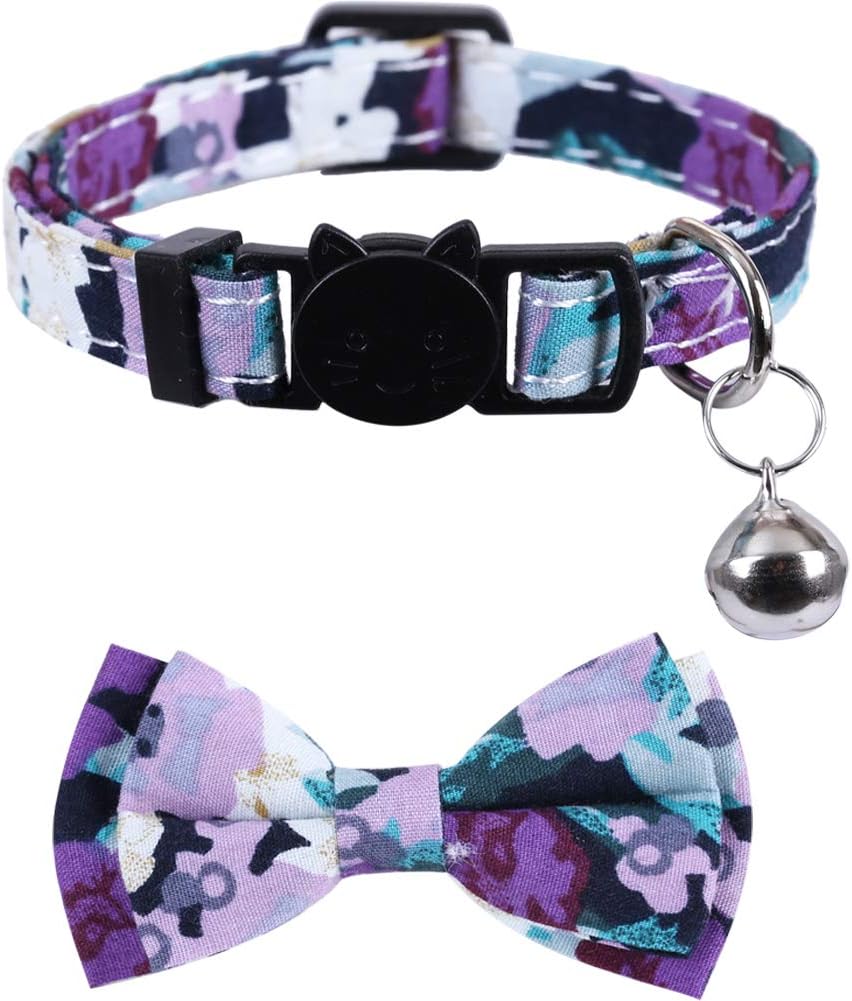 2 Pack/Set Cat Collar Breakaway with Cute Bow Tie and Bell for Kitty Adjustable Safety Floral