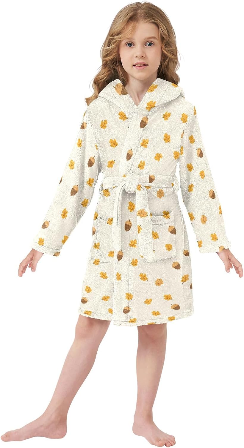 Cartoon Acorns Toddler Hooded Bathrobe for Boys Girls Soft Plush Bath Towel Robe 2-12 Years