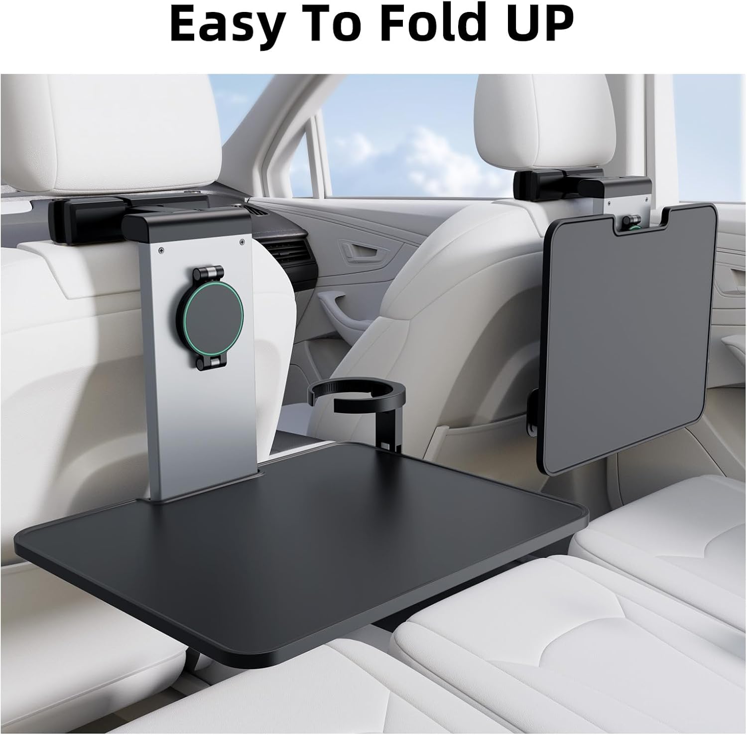 Versatile Car Mount Table Board for Backseat Headrests，Built-in Magnetic Phone/Laptop/iPad Mount，a Cup Holder and a Foldable Table Board， for in-car Work，Dining and Entertainment (PB-201)