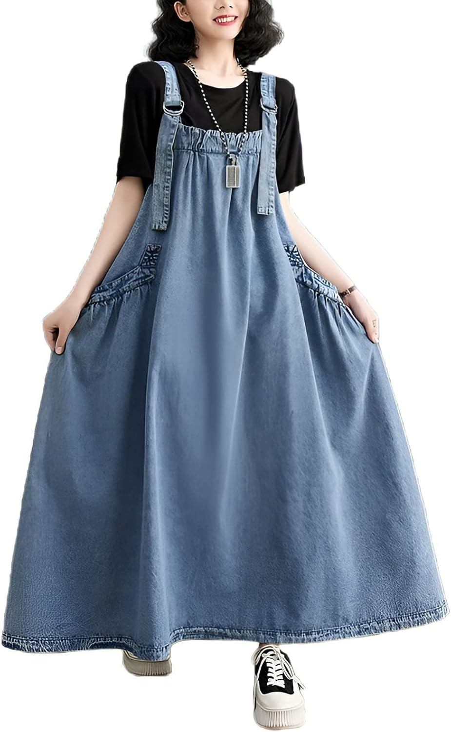 EXPOING Denim Jumper Dress for Women Loose Version Baggy Style Maxi Length Adjustable Straps Wide Hemline