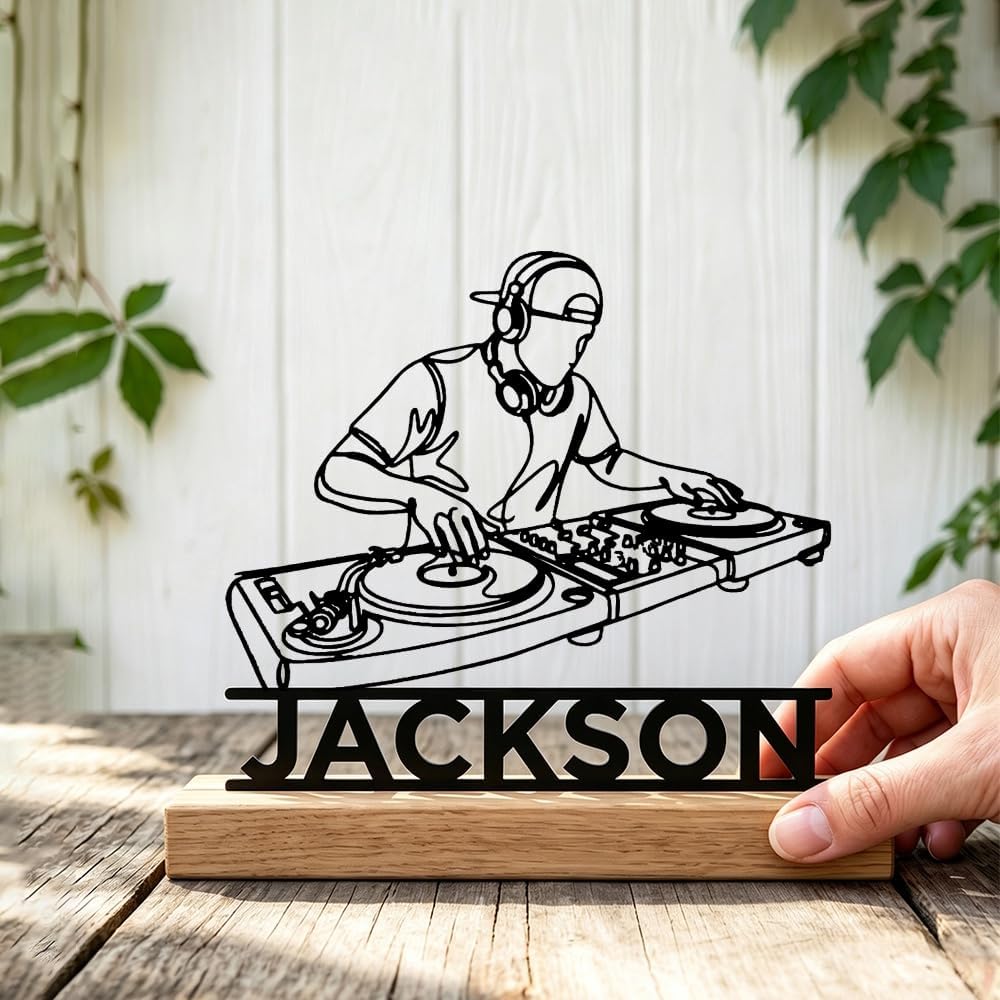Personalized Metal DJ Tabletop Ornament with Wooden Base Stylish Music Studio Decor Unique Gift for Music Lovers Modern Office Desk Accessory Idea image 4