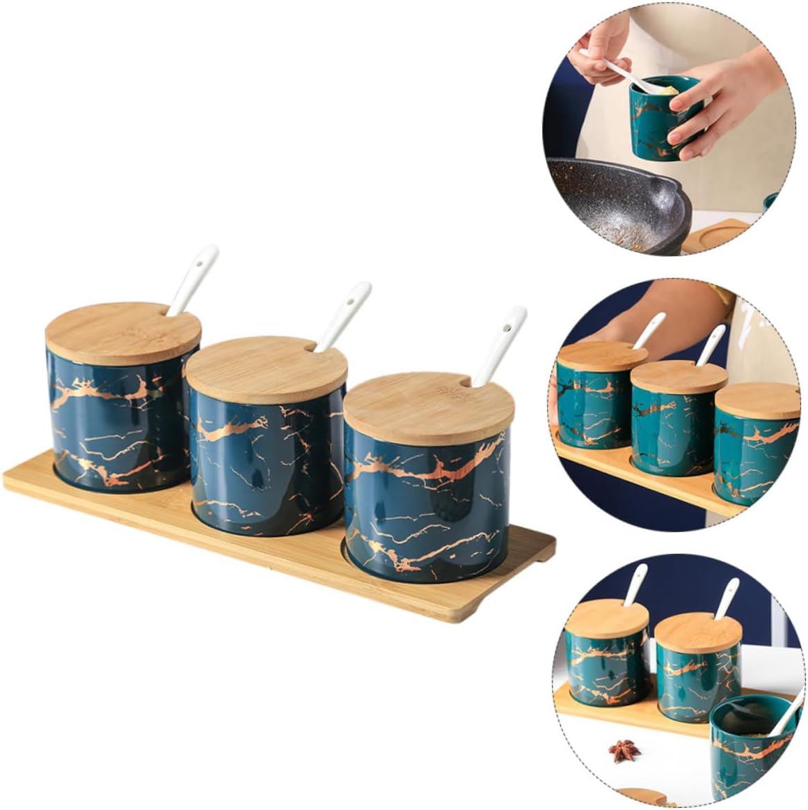 Ceramic Spice Container Set with Lids and Spoons, Emerald Marble Pattern, 3pcs Kitchen Seasoning Jars for Salt, Pepper, Sugar Storage and Kitchen Organizer