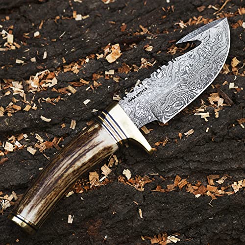 Susa Knives Damascus Steel Gut Hook Hunting Knife Fixed Blade Stag Horn Handle Edc Survival Knife For Men - Fixed Blade #TOP2