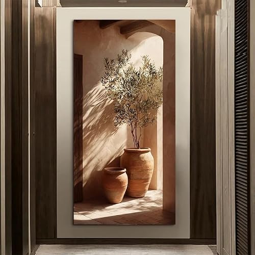 GOSRD Canvas Print Olive Tree In Terracotta Pots Beside An Arched Doorway, For Decorating Living Rooms(70X140cm)