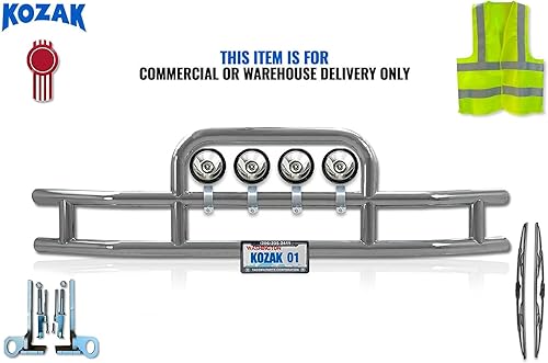 Miniatura 2 de Compatible con Kenworth T680 2012-2021 Rejilla de parachoques delantero, cepillo de ciervo, protector de alce, redondo, 4 luces LED de 6 pulgadas,