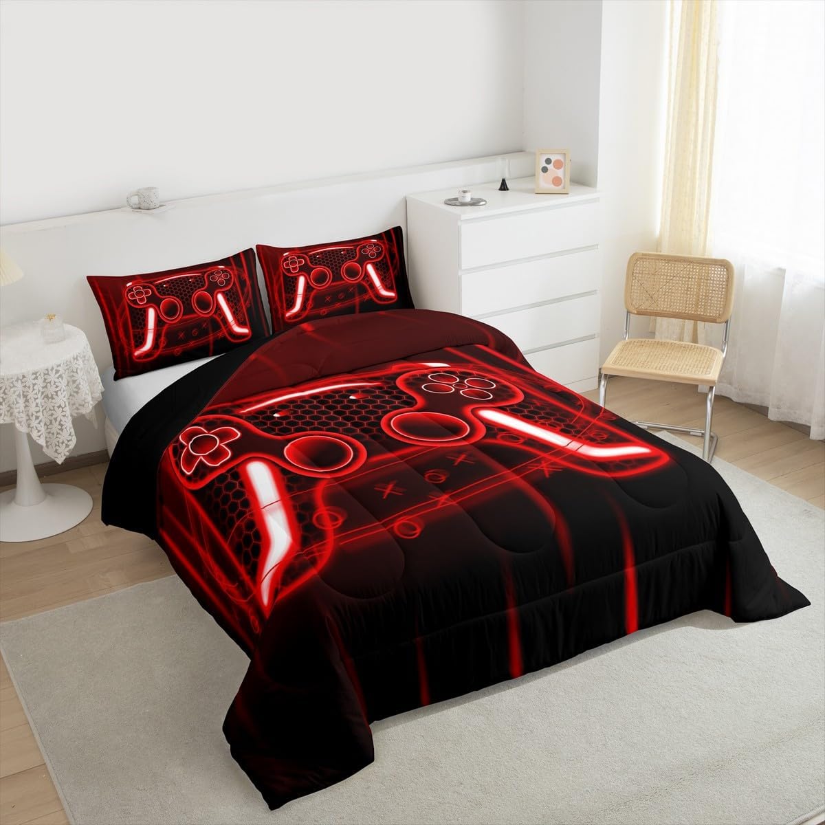 Erosebridal Game Controller Comforter Set Twin Size Boys Gaming Bedding Set for Kids Boys Girls Red Neon Gamepad Comforter 3D Game Joysticks Honeycomb Quilt Bedroom Decor