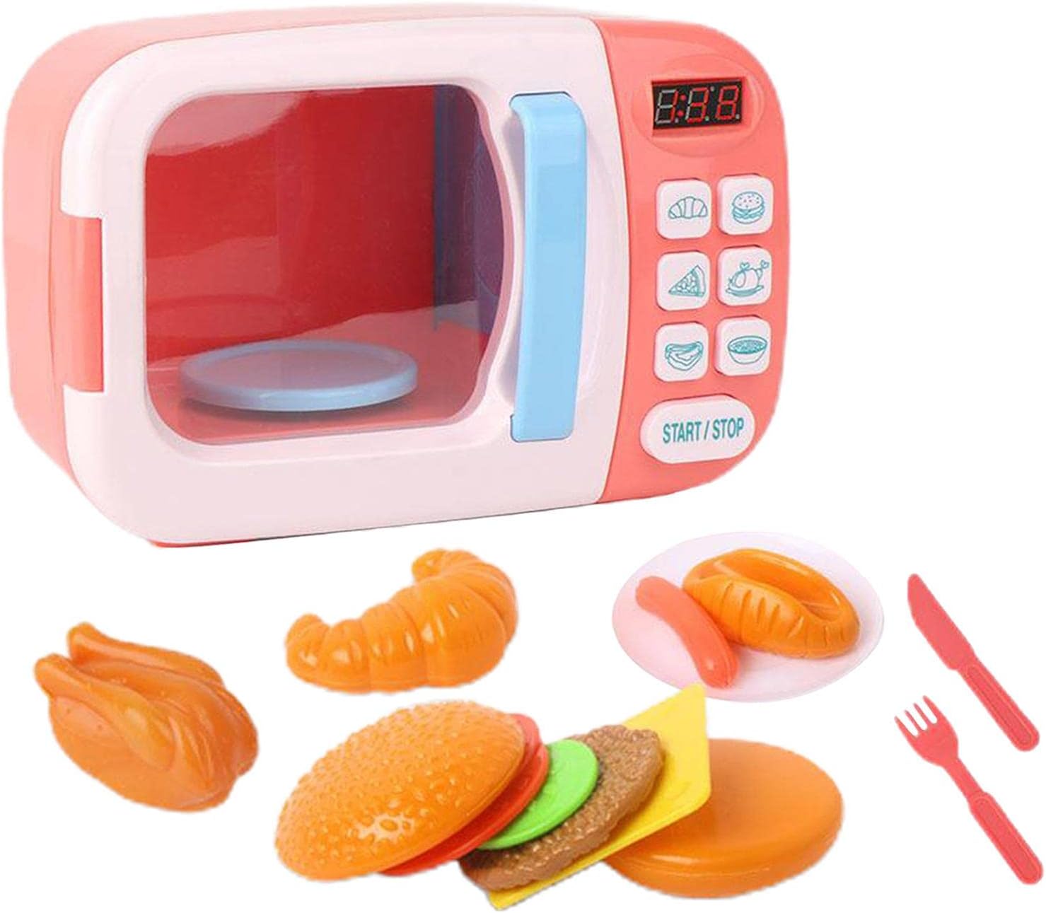 13 Pieces Kids Mini Set Microwave Oven Pretend Accessories Cooking Appliance Educational PP Material Suitable for Preschool Boys, Pink, 13Pcs