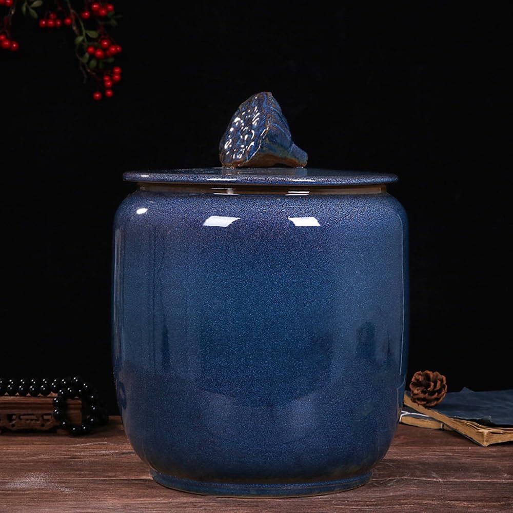 SXYHCK Ceramic Rice Dispenser, Home Large Capacity Grain Storage Jar, Retro Sealed Storage Tank For Rice, Airtight Bulk Food Containe With Lid(Blue,25kg/55lb)