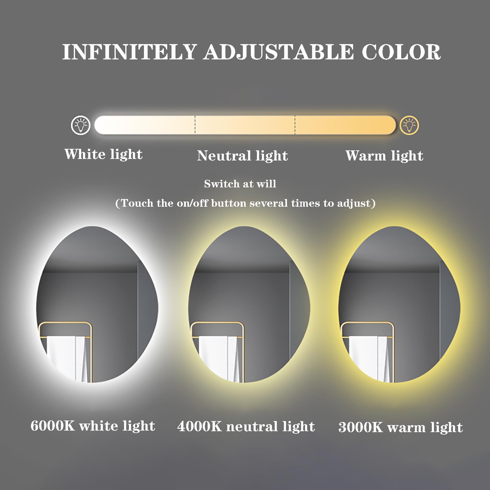 Specchio Espejo de baño Moderno ovalado con iluminación LED, diseño asimétrico Irregular, 3 Colores LED regulables, antivaho, 70 x 90 cm (27,6 x 35,4 pulgadas), montaje en pared retroiluminado, i