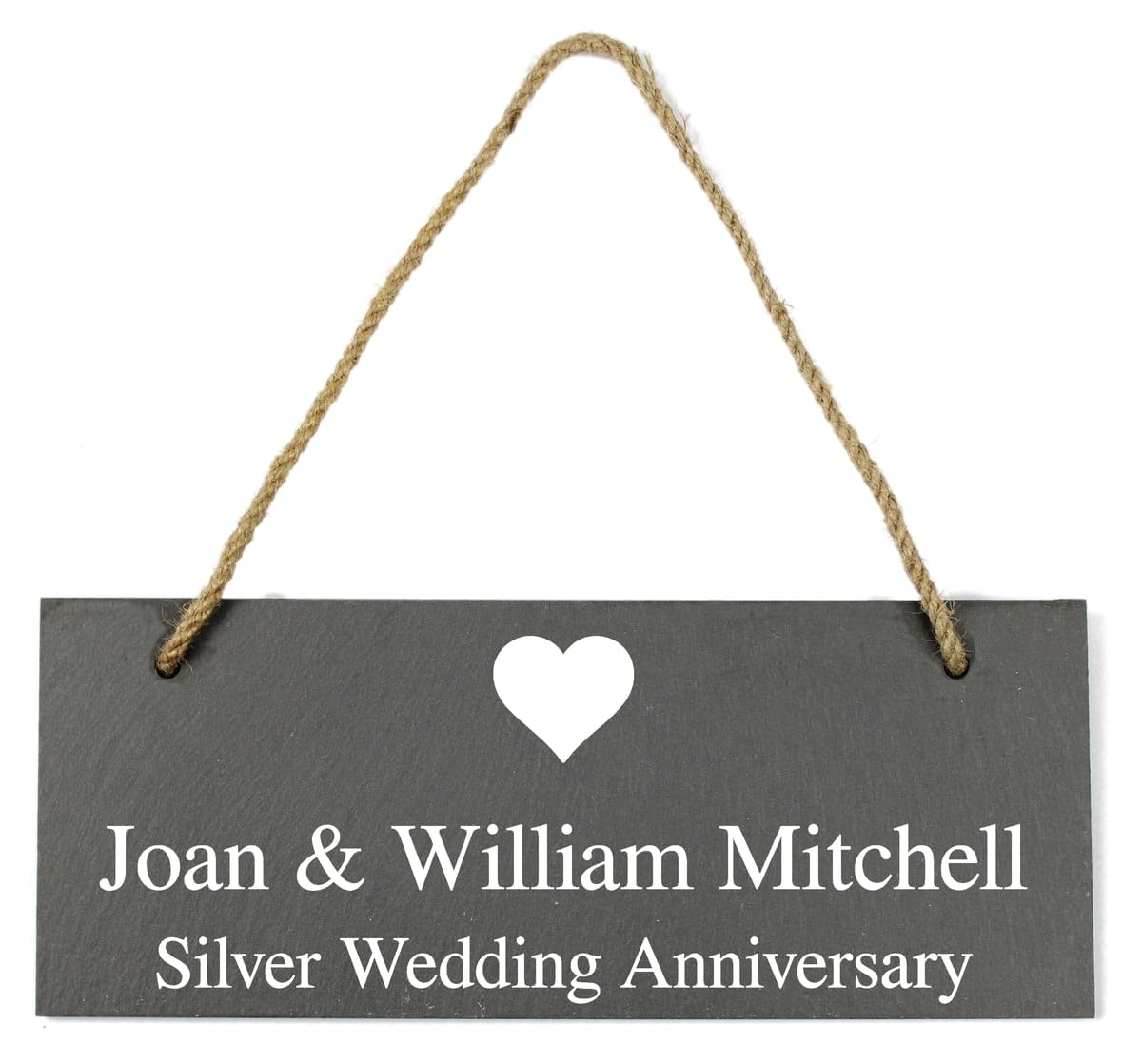 Personalised Heart Motif Hanging Natural Slate Sign Plaque - 25x10cm