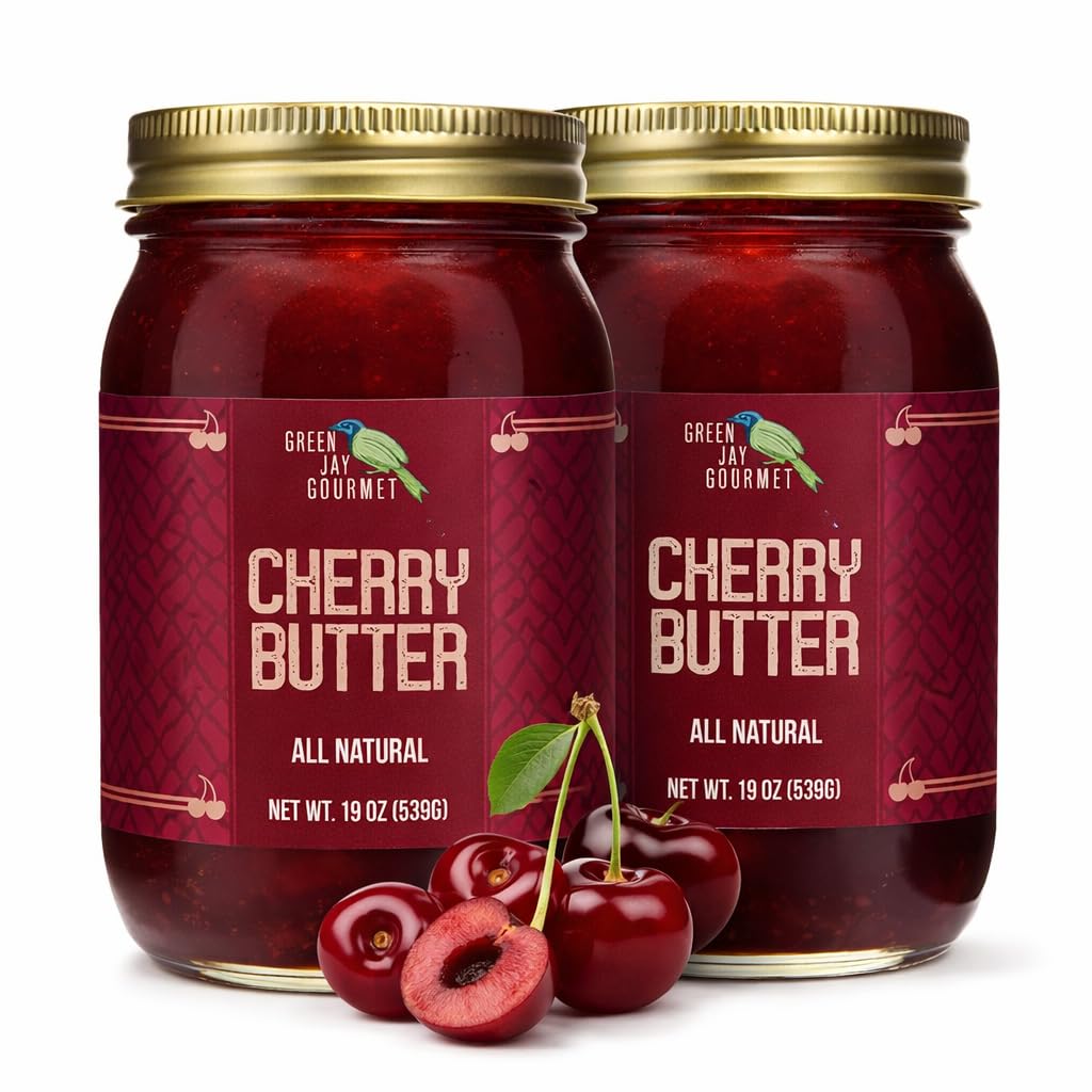 Green Jay Gourmet Cherry Butter - All-Natural, Gluten-Free Fruit Spread - Cherry Spread w/Vanilla & Spices - Gourmet Fruit Butter - No Corn Syrup, Preservatives or Trans-Fats - 2 x 19 Ounces
