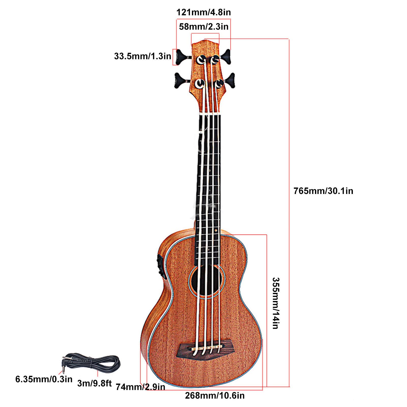 Ukulele Basso Elettrico, 30 pollici Ubass in palissandro per principianti professionisti con pickup, batteria CR2032 x 2 (non inclusa)