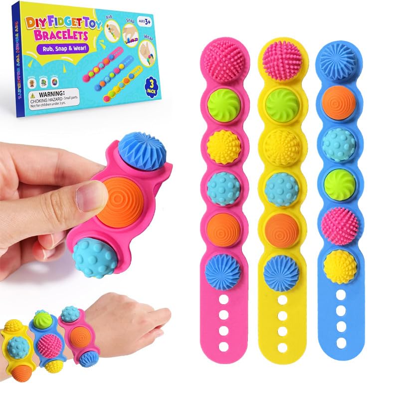 Sensory Toys Kids Fidget Bracelets: 3 Pack Wearable Sensory Toys with 18 Textures for Calming
