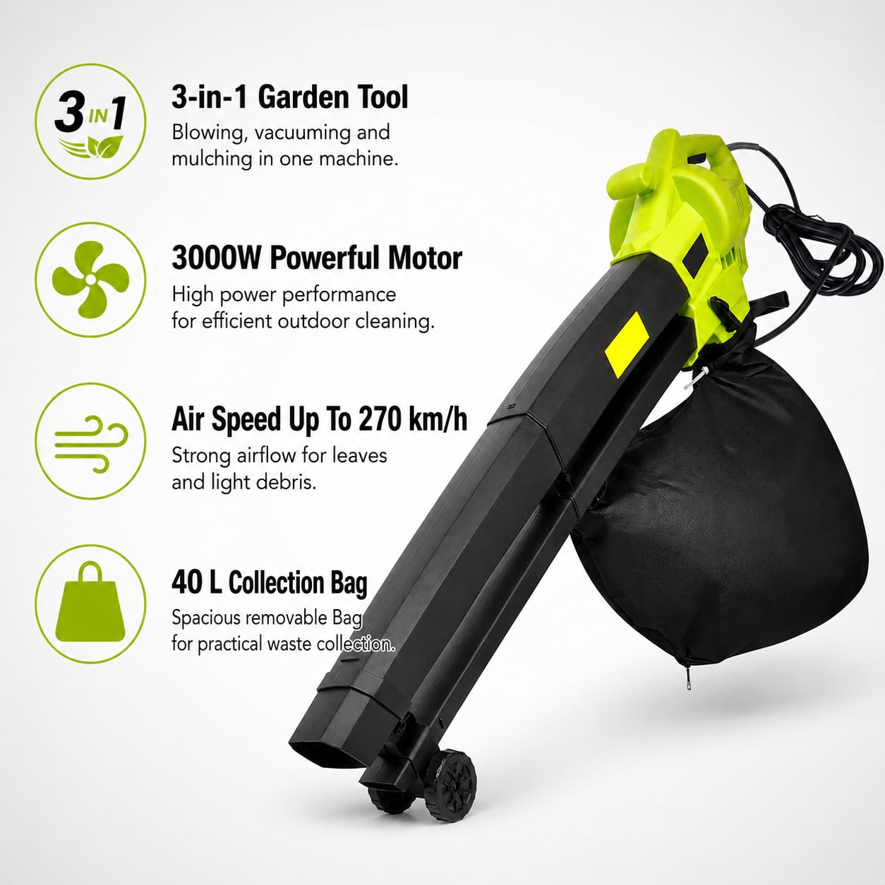 Soffiatore/Aspiratore Foglie Elettrico 3 in 1, Soffiatore da Giardino 3000W