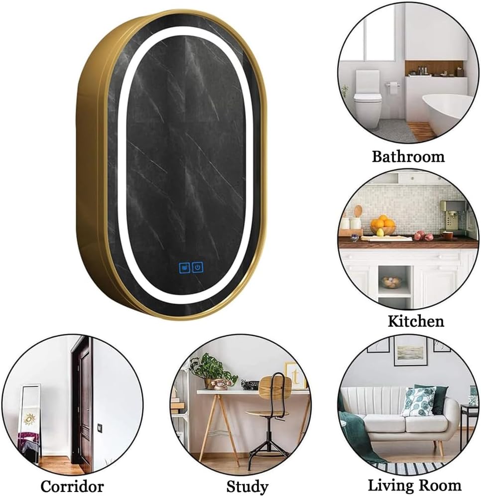 ZTGL Oval Medicine Cabinet with Mirror, Bathroom Mirror with 3 Shelves Storage, Aluminum Alloy Bathroom Cabinet with Mirror, Wall Mounted Storage Cabinet, with LED Light,Black,50x80cm