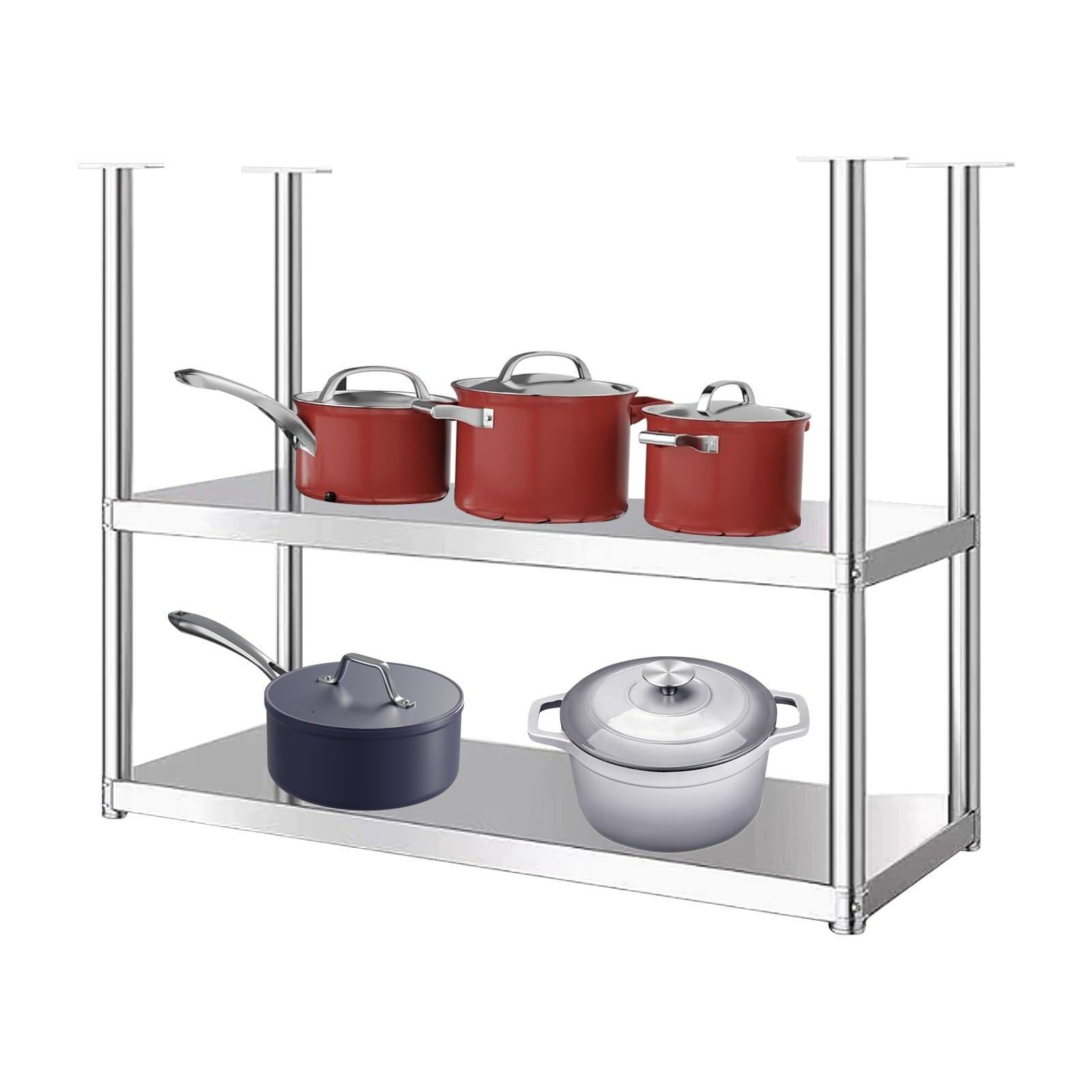 Scaffale da appendere a 2 ripiani in acciaio inox per pentole e padelle con organizer per spezie, scaffale multiuso da cucina per casa e ristorante, organizer per pentole (120 x 35 x 80 cm)