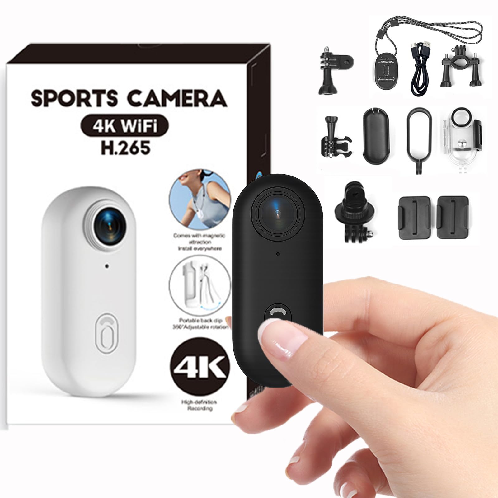 Winnes Mini Caméra Sport 4K WiFi Camera Piéton Portable Aimantée Grand Angle 120 Degrés Camera POV Mains Libres pour Voyage Vlog Cyclisme Moto Randonnée Ski étanche 30m Autonomie Longue Durée (Noir)