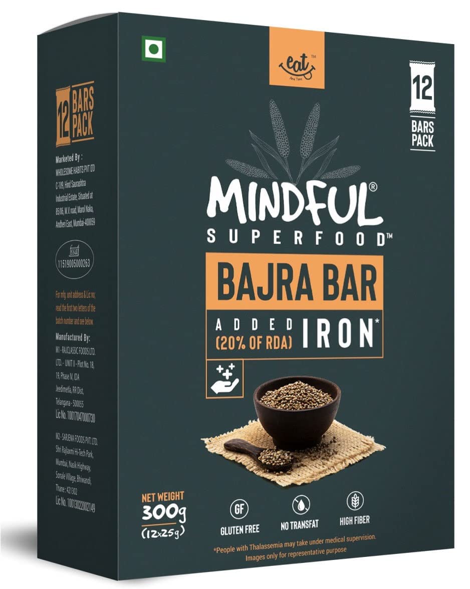 Eat Anytime Mindful Superfood Energy Bajra Bar | Gluten Free & High Fiber | Improve Digestion, Rich In Fiber | High Iron & Magnisum | Bajra Bar/Granola Bar - 300gm (12pcs. of 25g)