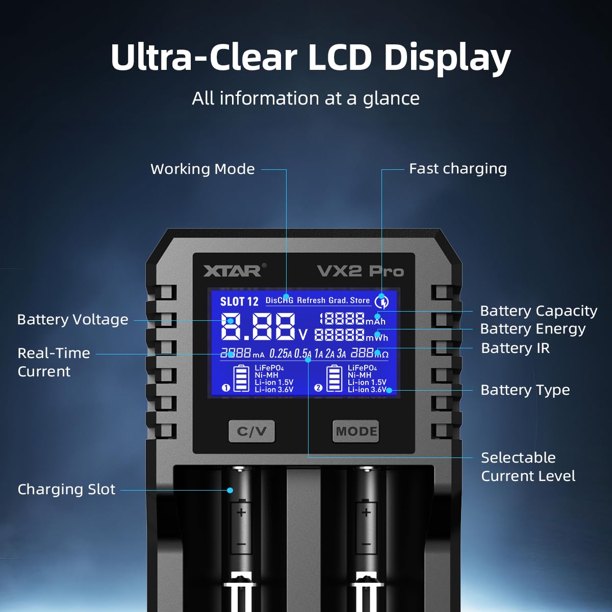 XTAR VX2 PRO 18650 Chargeur de batterie professionnel avec testeur de capacité
