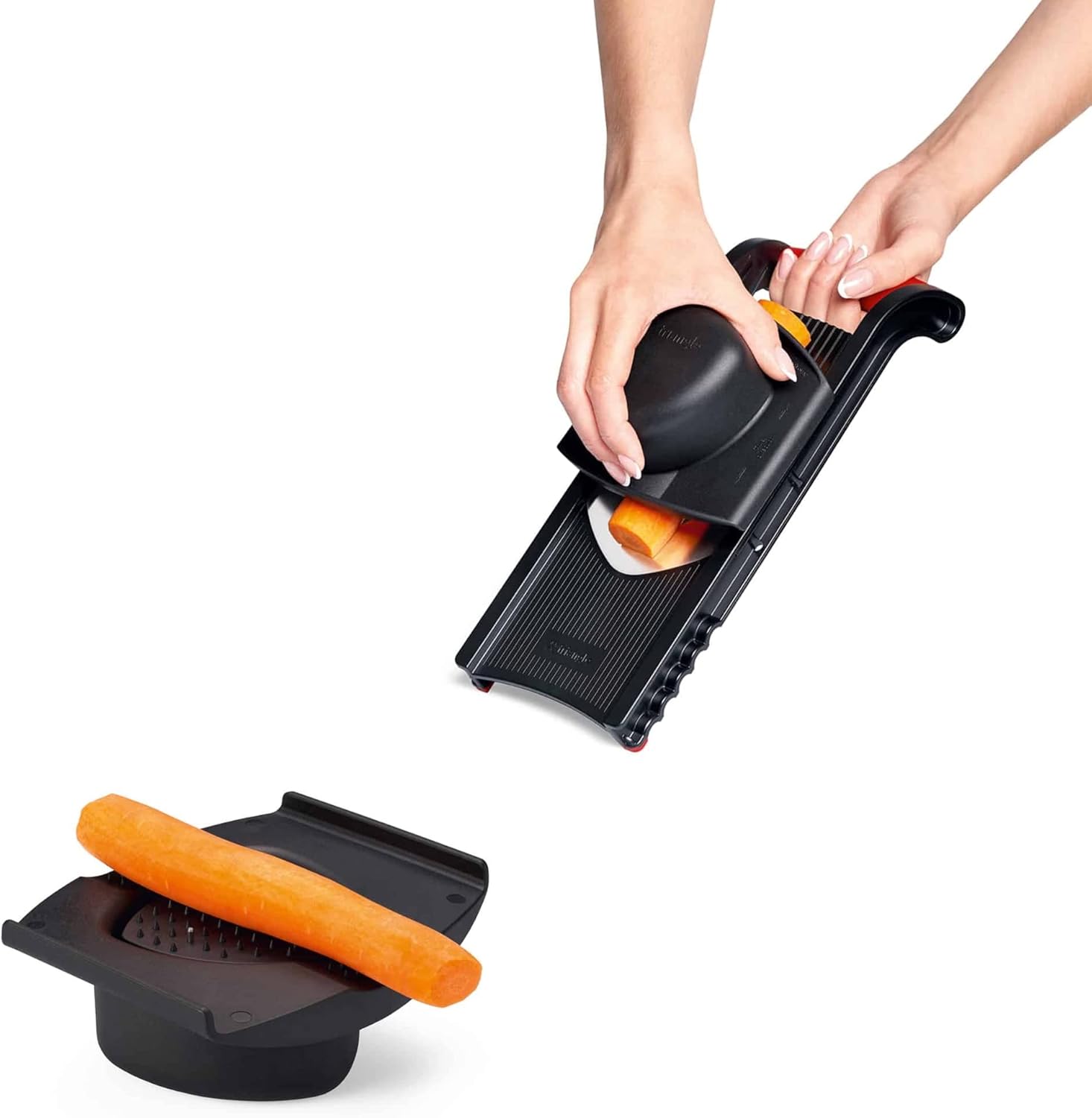 triangle Vegetable Slicer with Holder - Ultra-Sharp Parabolic Stainless Steel Blade - Three Thickness Levels for Four Types of Julienne Strips - Dishwasher Safe