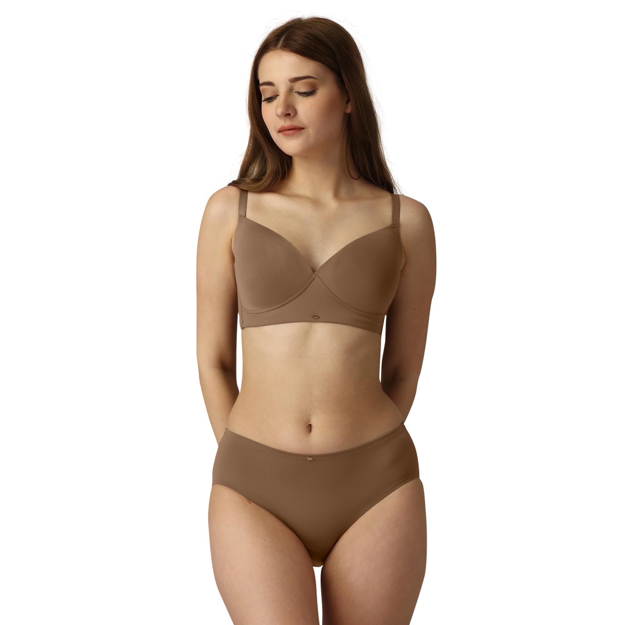 Full Coverage Padded Non Wired Bra and High Rise Full Coverage Brief Lingerie Set, Brownie, 36B/L-image-48