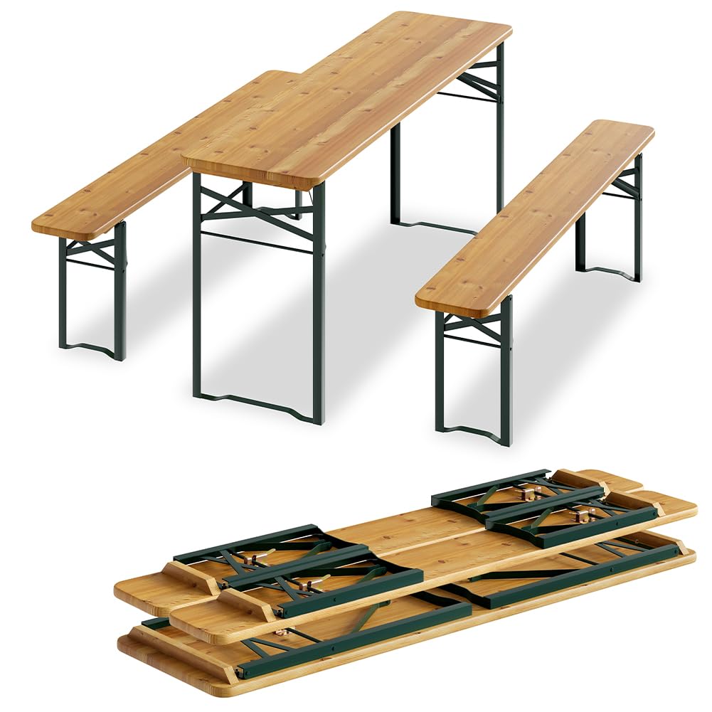 BAKAJI Set 3 Pezzi Birreria con Tavolo Pieghevole e Panche da Esterno, Struttura in Acciaio Comoda, Seduta Ergonomica e Resistente, Ideale per Giardino, Bar, Campeggio, Sagra (170 cm)
