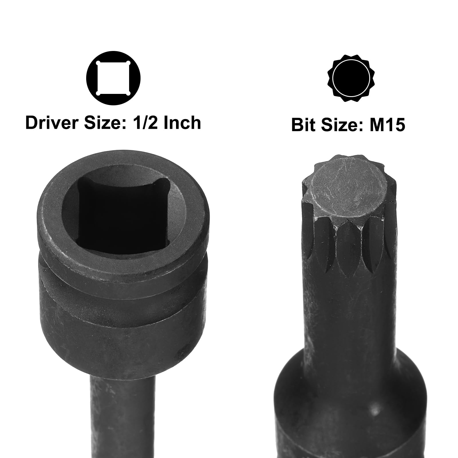 sourcing map Lot de 2 douilles à choc triple cannelure carrée M15 (15 mm), longueur métrique de 7,6 cm, utilisation en acier CR-MO avec visseuses à percussion ou cliquets manuels