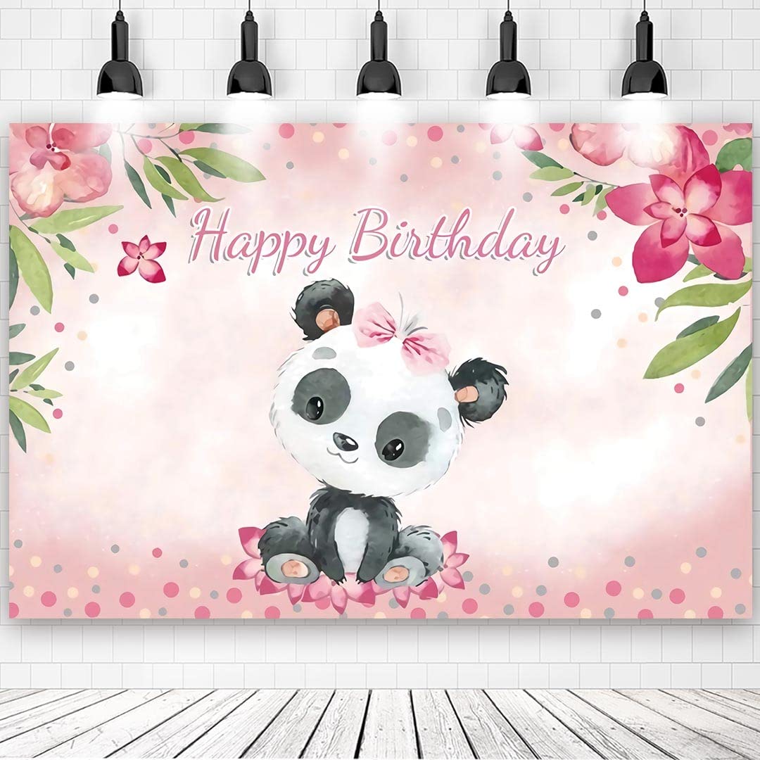 Photo 1 of 7x5ft Baby Shower Backdrop Watercolor Floral Cartoon Panda Photo Backdrop Pink Happy Birthday Backdrop for Birthday Party Decoration Photo Shoots Kids Girls Boys Photography Backdrops