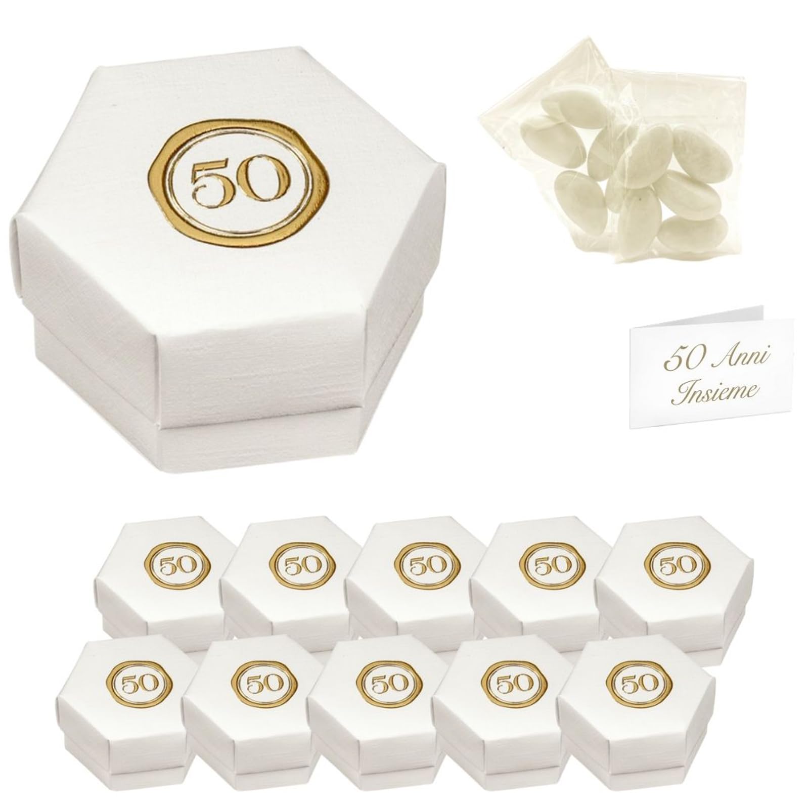 Sachets de dragées blancs et boîtes ornées du numéro 50 pour invités
