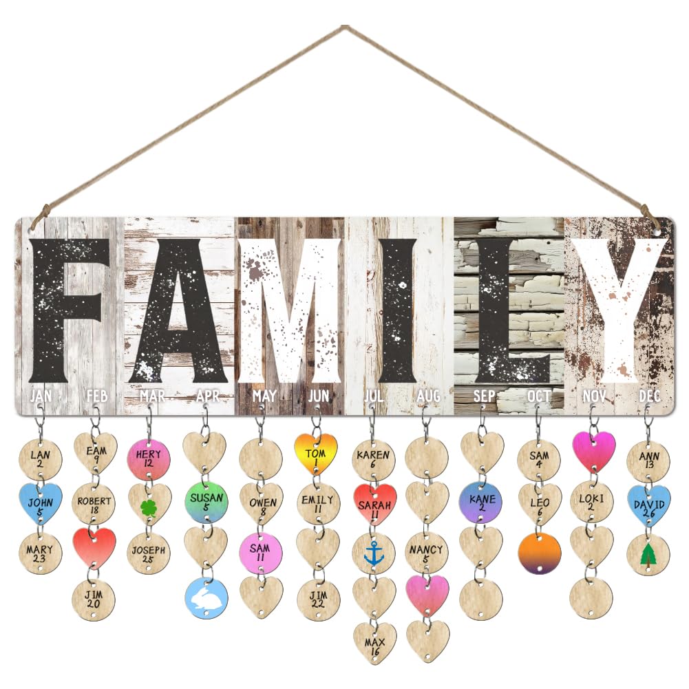 arricraft Wooden Birthday Reminder Calendar, 40x12cm/15.7"x4.7" Family Old Wood Board Anniversary Reminder Plaque with 100pcs Tags for DIY Birthday Tracker Family Wall Decor