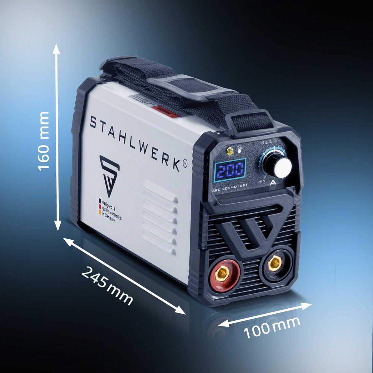 STAHLWERK Soldadora de electrodos 160 MD – Equipo completo – Máquina de soldar MMA/Electrodo, 160 A, uso flexible sin gas, compacta y ligera, ampliable a DC TIG, Anti-Stick, refrigeración inteligente