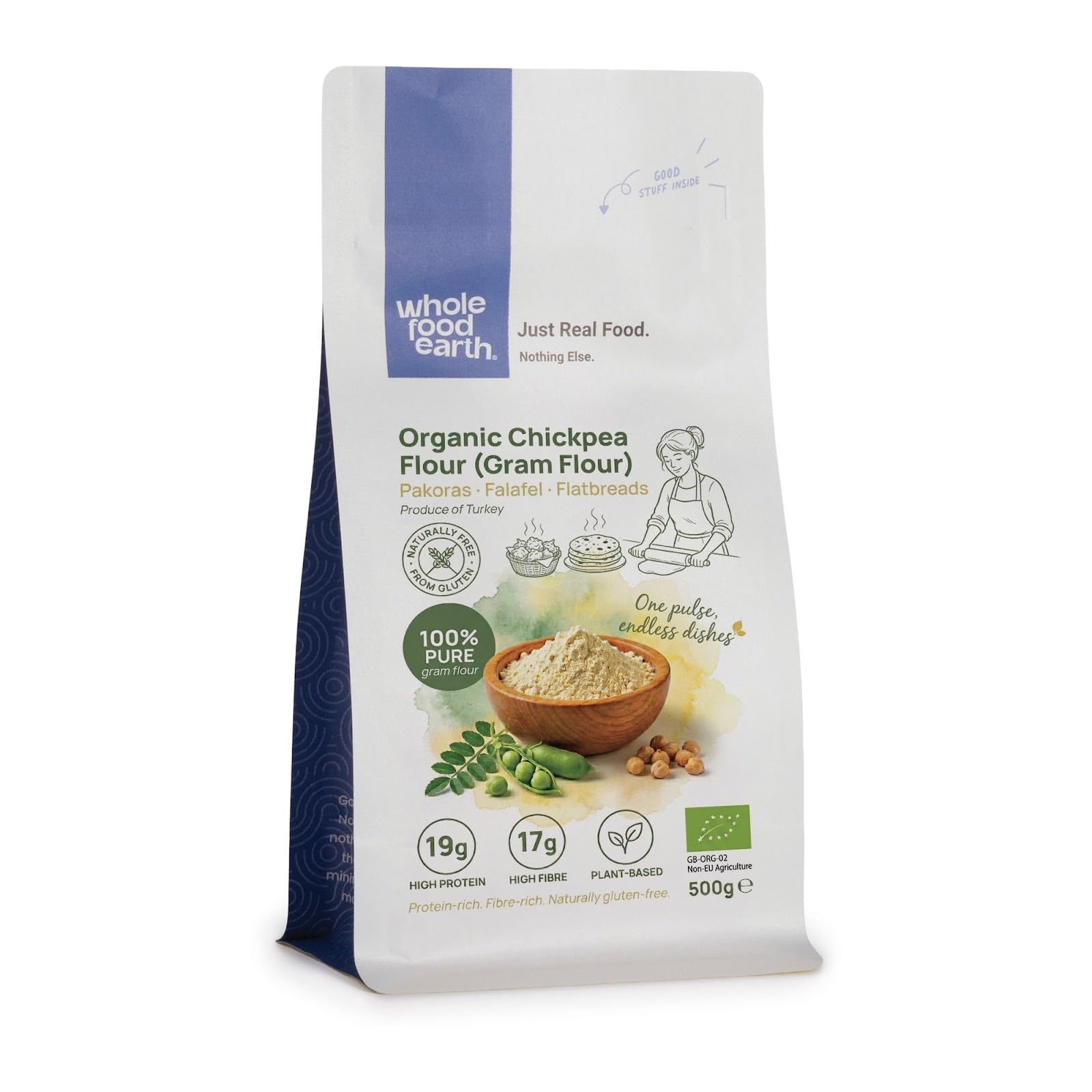Wholefood Earth Organic Chickpea Flour (Gram Flour) – 500g | Vegan | GMO Free | High Fibre | Certified Organic