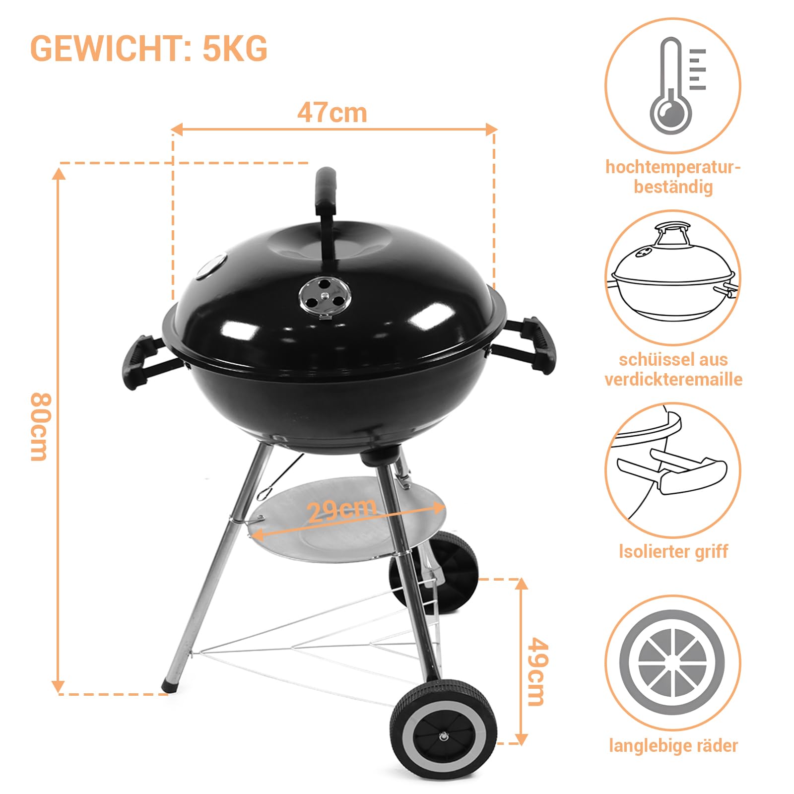 KONO Grill kulowy, grill na węgiel drzewny, grill piknikowy, ze stali nierdzewnej, mały grill z pokrywką, kółka, uchwyt ze stali nierdzewnej, termometr, grill kempingowy, zdejmowany grill do ogrodu,