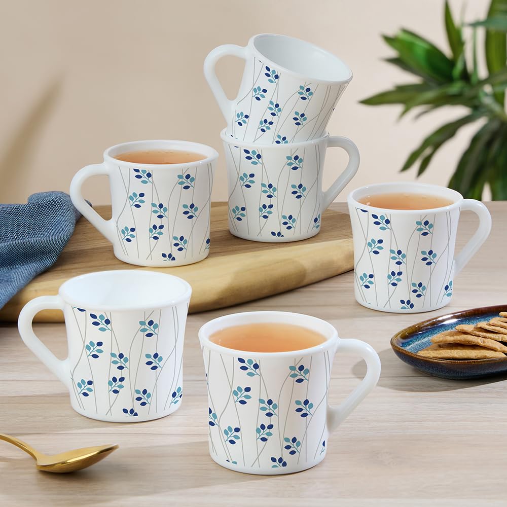 Larah by BOROSIL Crysta Series Leafline Blue Opalware Tea/Coffee Mug Set of 6 pcs 100 ml Each | Microwave & Dishwasher Safe, Bone-Ash Free | Crockery Set Ideal for Daily Use & Gifting, White-image-40
