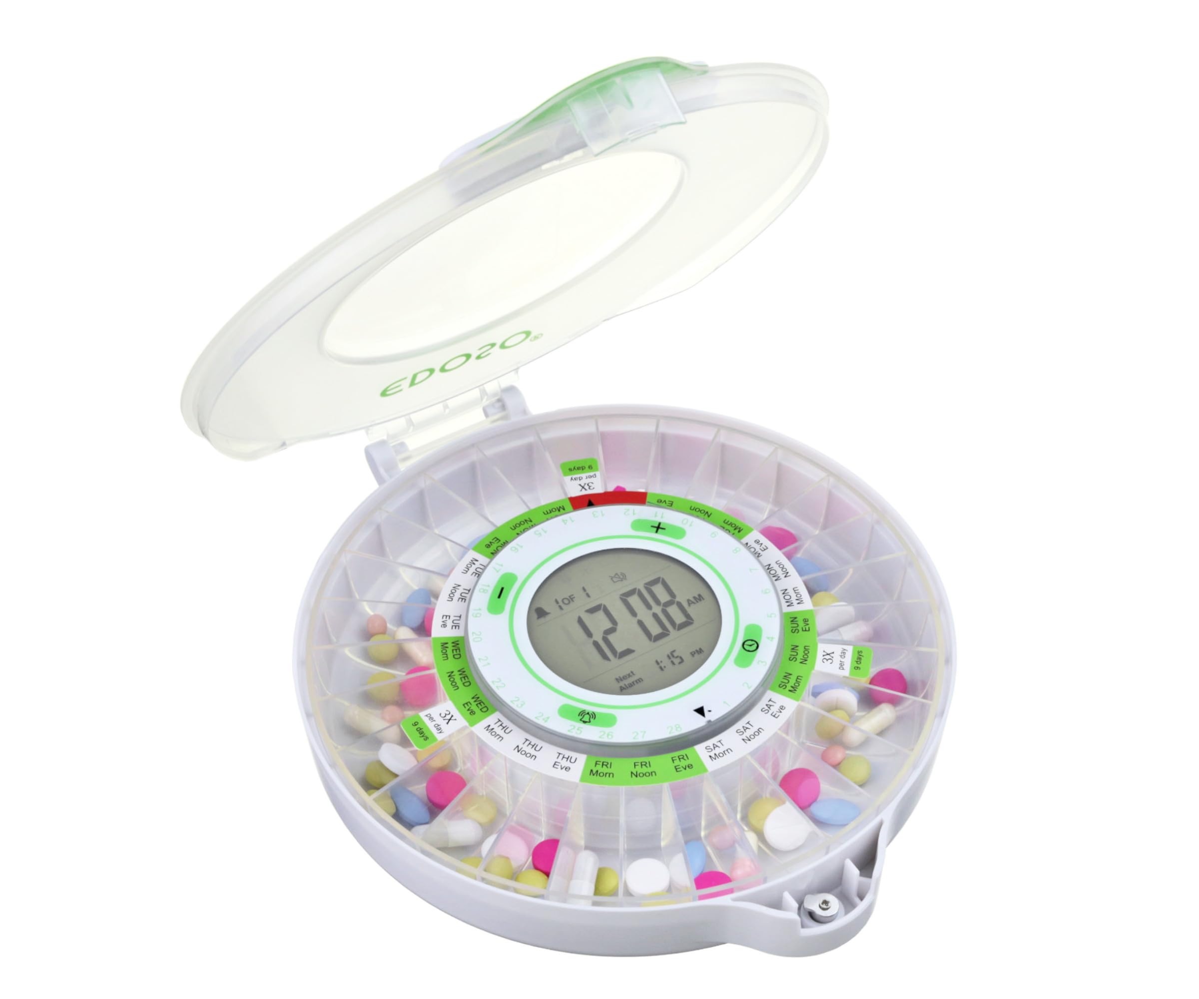 Pastillero electrónico inteligente automático con alarma | Modelo 2021 | 9 alarmas al día | Pantalla grande y botones | Anillos franceses | 2 cierres seguros (Mate)