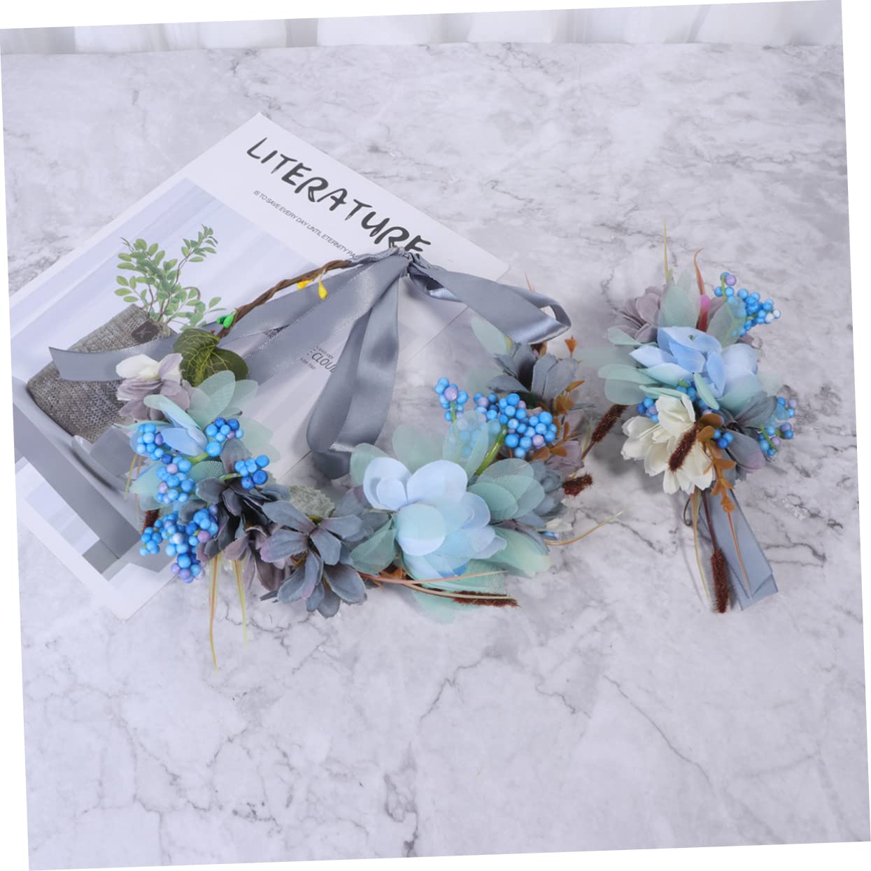 Housoutil 6 Piezas Aro Para El Pelo Con Muñequera Leis Diadema De Flores Espejos De Mano Con Mango Guirnalda De Boda De Las Mujeres Diadema De Boda Muñeca Floral Anillo De Pelo Pulsera Playa