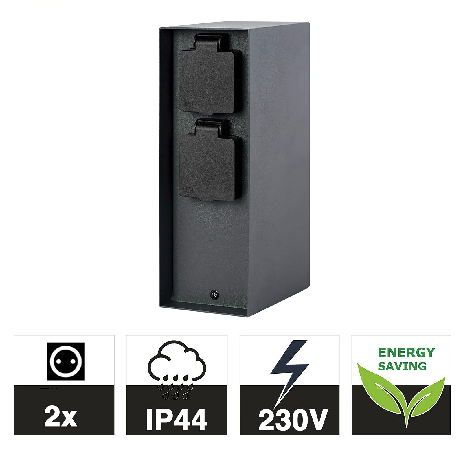Grafner Edelstahl Design Gartensteckdose mit 4 Steckdosen, IP44, eckig, anthrazit, KEIN ROST – Pulver-Beschichtung, klein und schmal, Energiesäule Mehrfach Metall Außen Steckdose 2-Fach schwarz