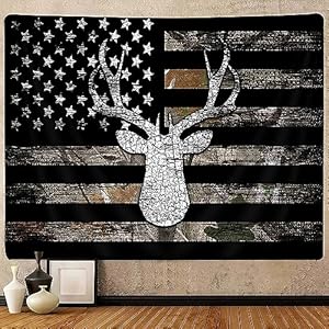 Hjokiupt Camo Hunting Tapestry, Camouflage Country Deer Black USA Flag Sarfari Wall Art Tapestries for Men Bedroom Room, Tapestries Poster Blanket College Dorm Home Decor, 60X40in